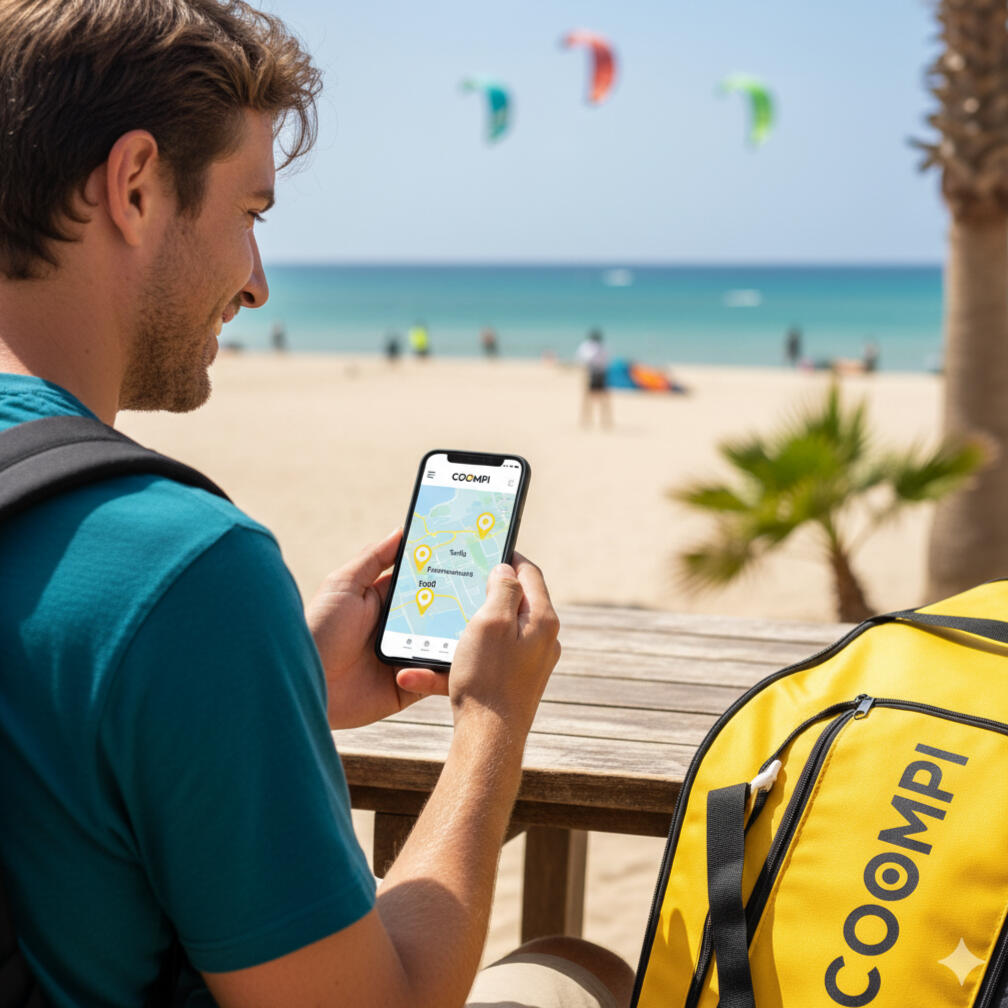 COOMPI app screen showing rental and test options for kitesurf and wingfoil gear