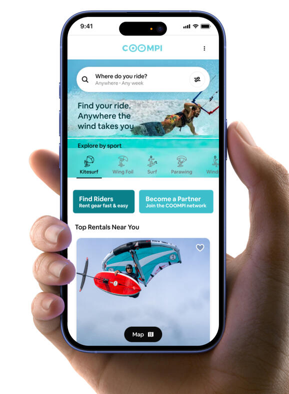 Mobile screen showing COOMPI app for kite, wingfoil, surf and windsurf rentals in Tenerife and Tarifa. Travel light and rent gear at your destination.