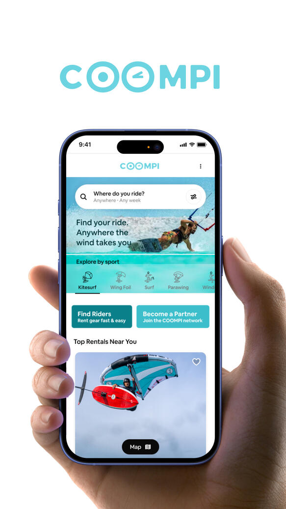 COOMPI app home screen showing global search to rent kitesurf, wingfoil and surf gear worldwide. Connect riders, shops and schools.